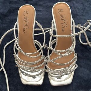 Wild Pair Silver Strappy Heels with Square Toe